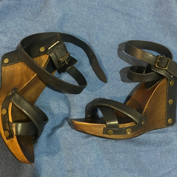 See by Chloe wooden wedge leather sandals blue brown size 37 preowned 6.5 - Picture 1 of 8